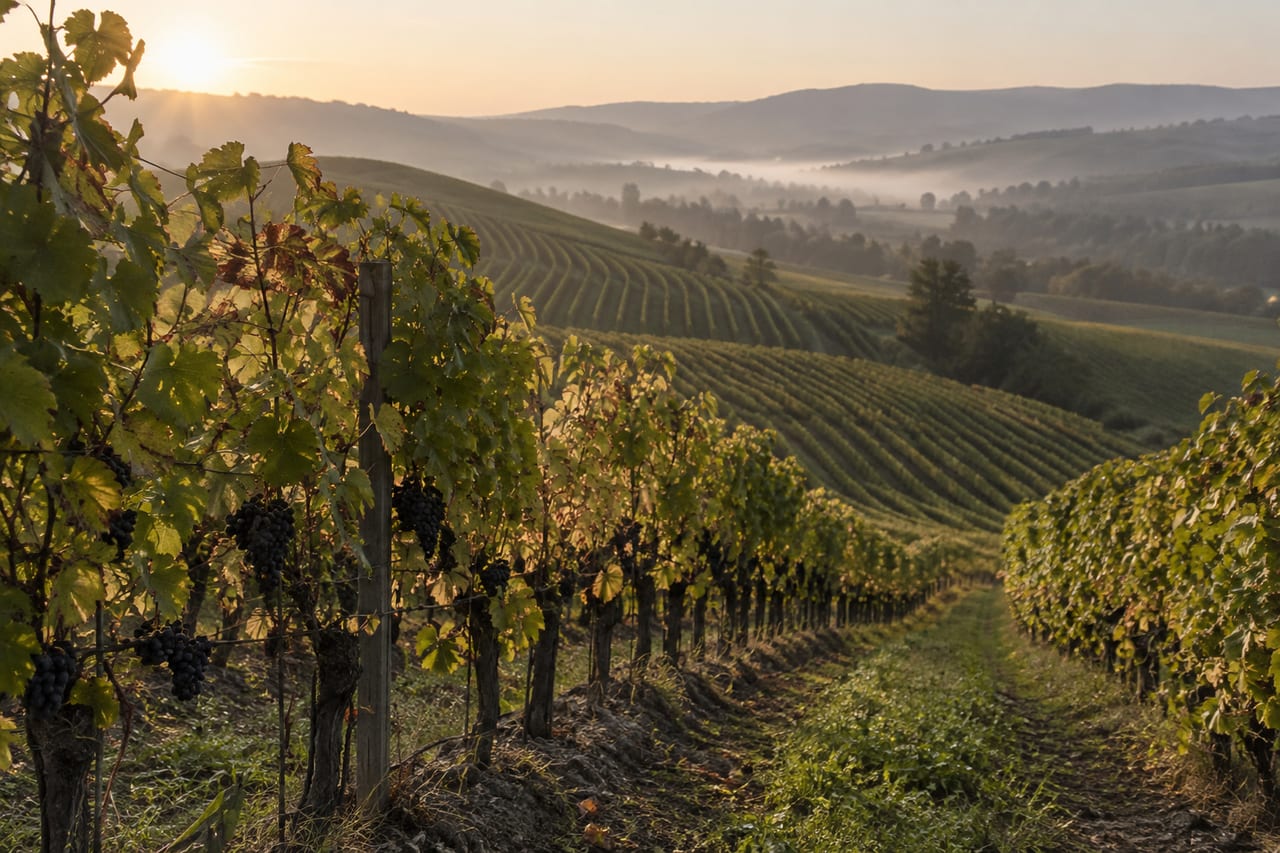 Ilustrativni prikaz vinograda u jutarnjem svjetlu